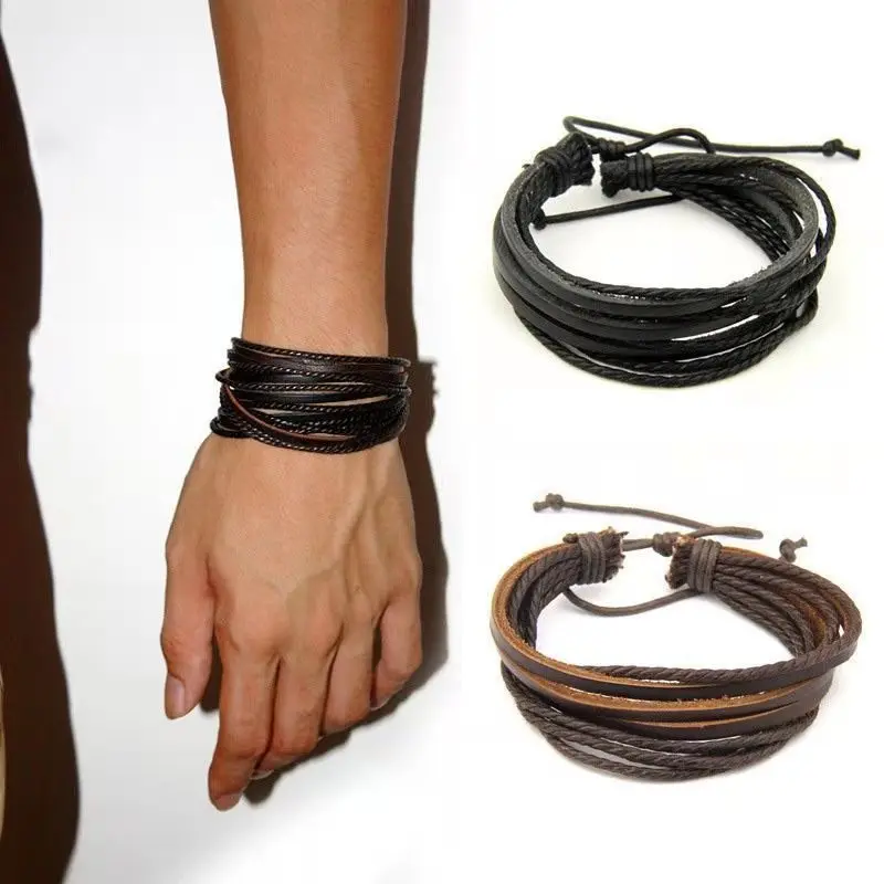 Leisure Fashion Men's Hand-woven Multilayer Leather Bracelet Handmade Lace Up Wrist Strap New Style Creative Bracelet