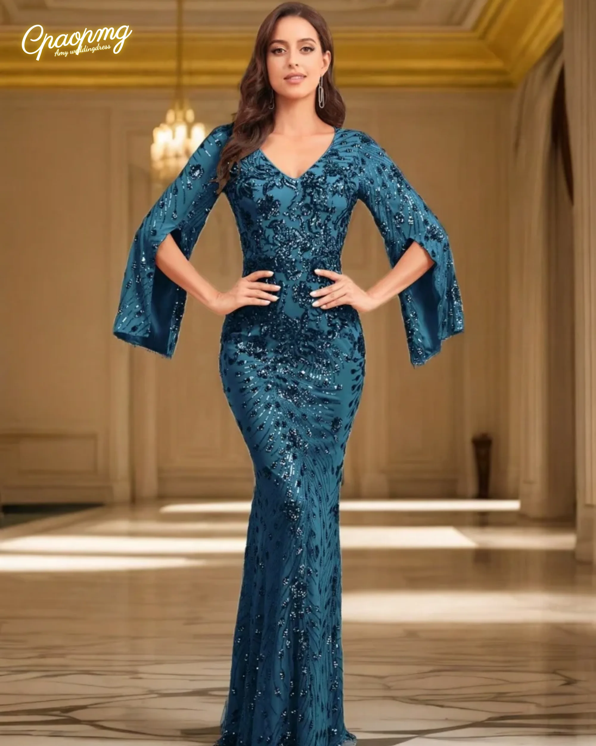 

Customized Luxury Champagne Evening Dresses For Women Long Sleeve Mermaid Formal Sequins V-neck Prom Wedding Party Graduation