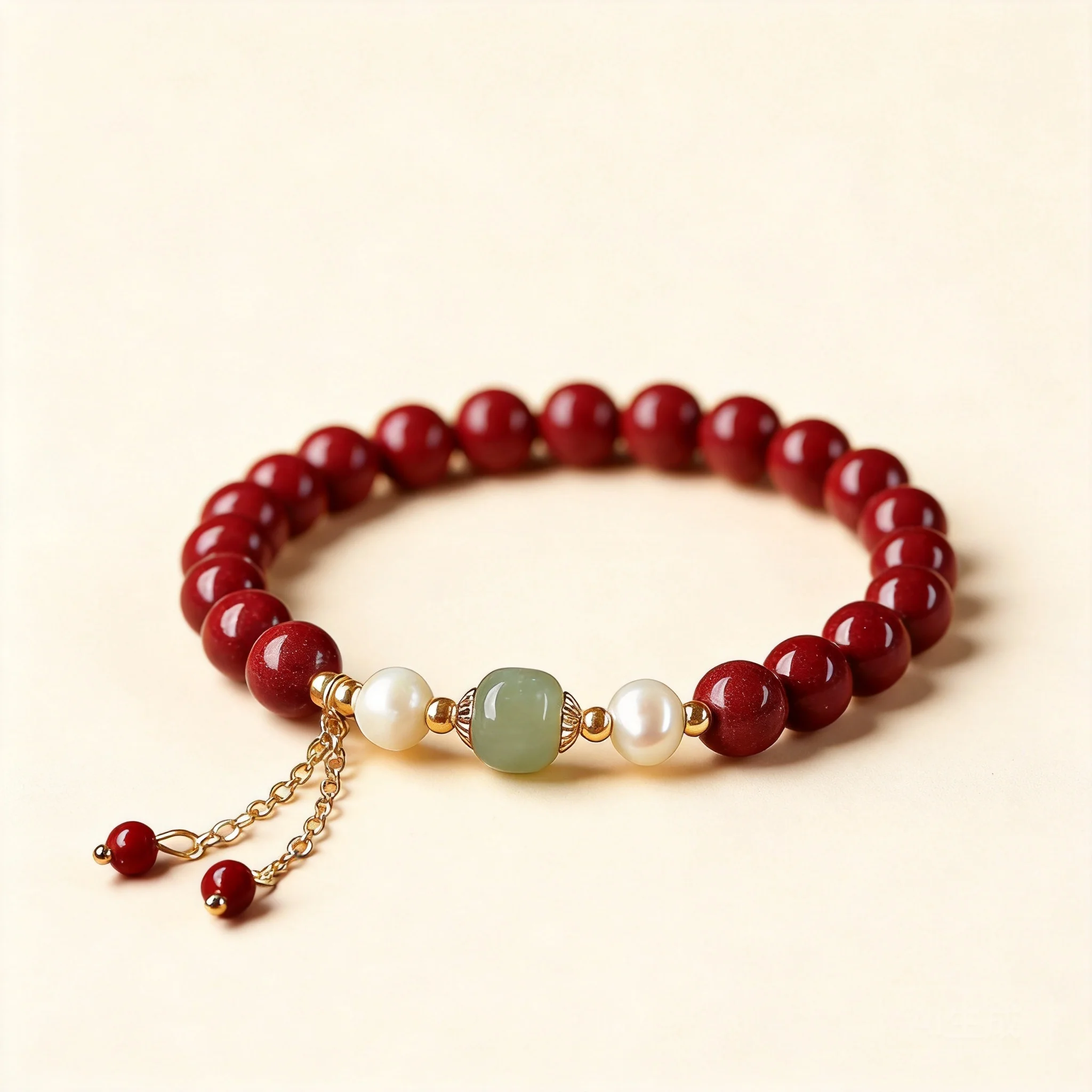 Chinese Style Natural Cinnabar Beaded Bracelet 6mm 8mm 10mm Hetian Jade Pearl Accent Lucky Blessing Good Fortune Tiger Year Jewe