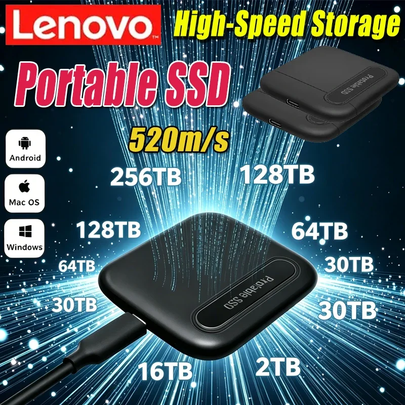 

Внешний твердотельный накопитель Lenovo 1 ТБ, высокоскоростной жесткий диск 2 ТБ, портативный SSD USB 3.1 256 ТБ, 128 ТБ для ПК/ноутбука/Mac/телефона