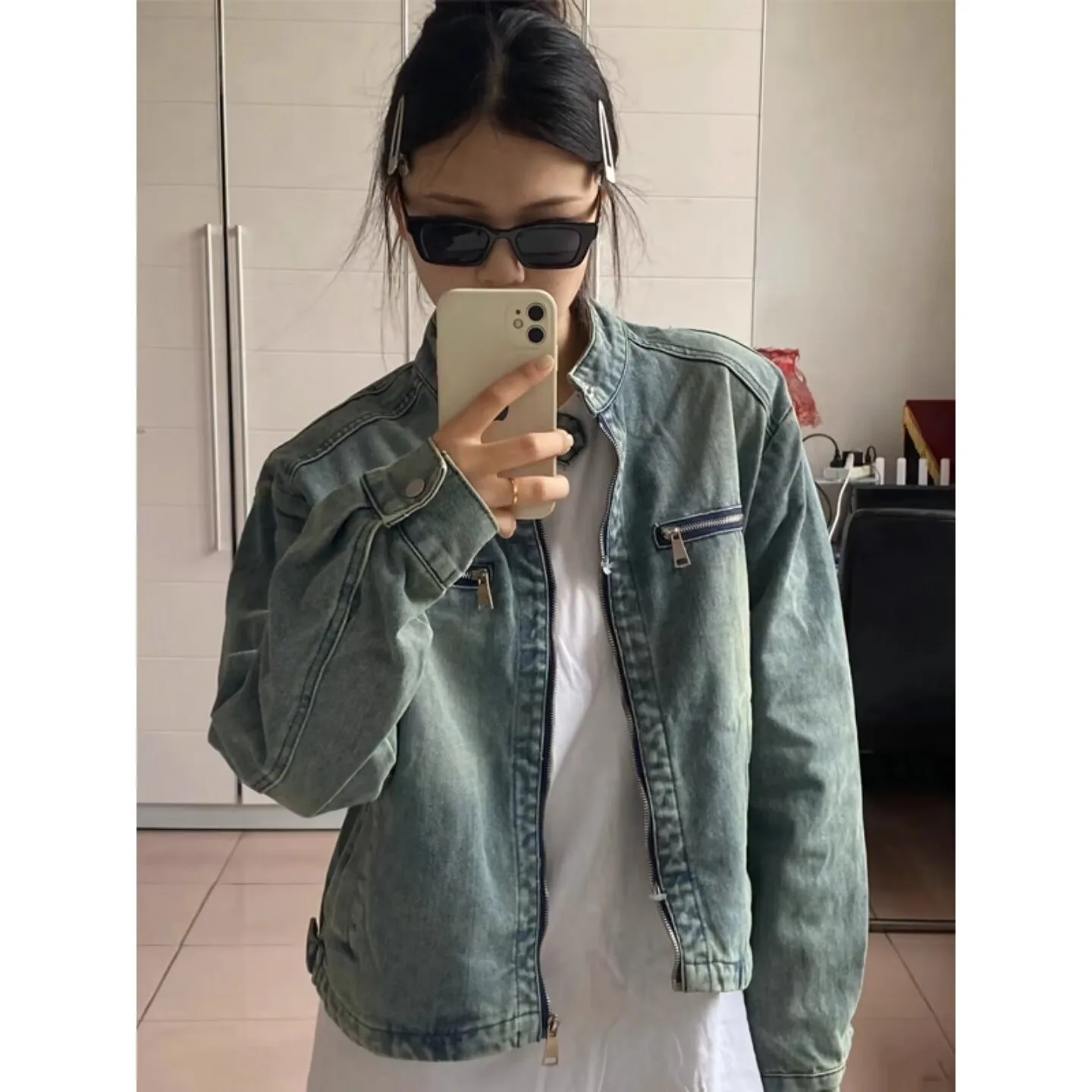 

Waed Denim Jaet Autumn Winter Large Size Zipper Design Casual Stand Collar Men's Outerwear Polyester Fiber Non-deformable