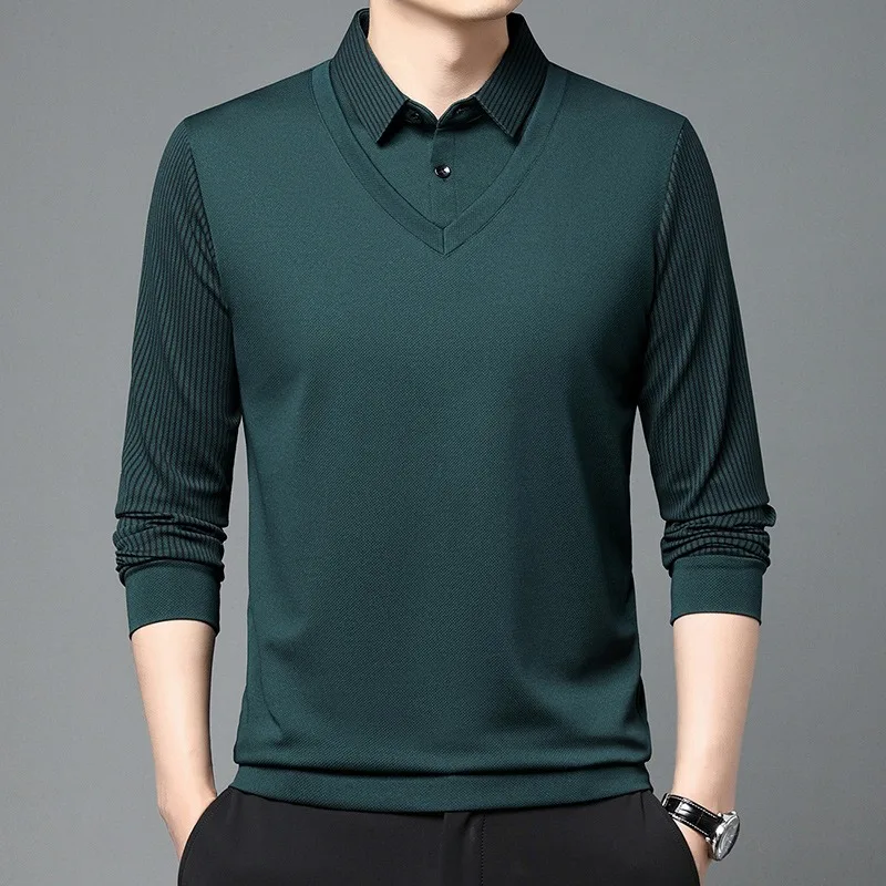 Men\'s Long Sleeve Business T-shirts Casual Fake Two Pieces Elastic Tops & Tees Luxurious High End Autumn Polo Shirts Wholesale