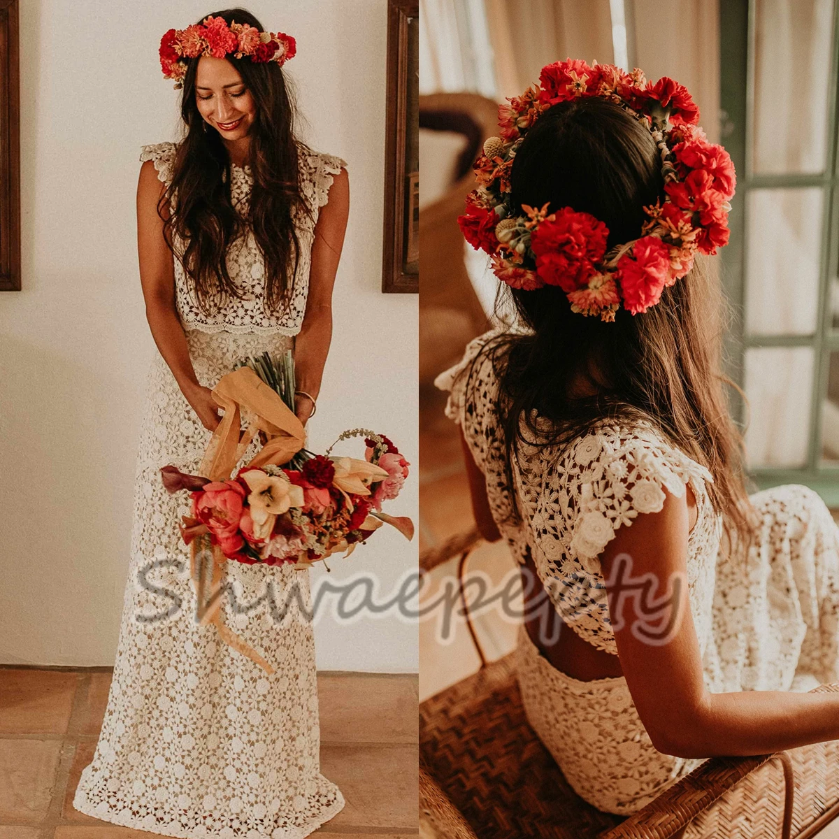 Bohemian Crochet Lace Wedding Dresses Two Pieces Sexy Rustic Bridal Gowns Open Back Summer Boho Robe De mariée