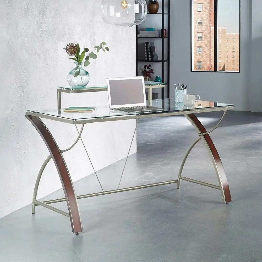 Cherry Silver Glass Top Computer Desk 55 Inch