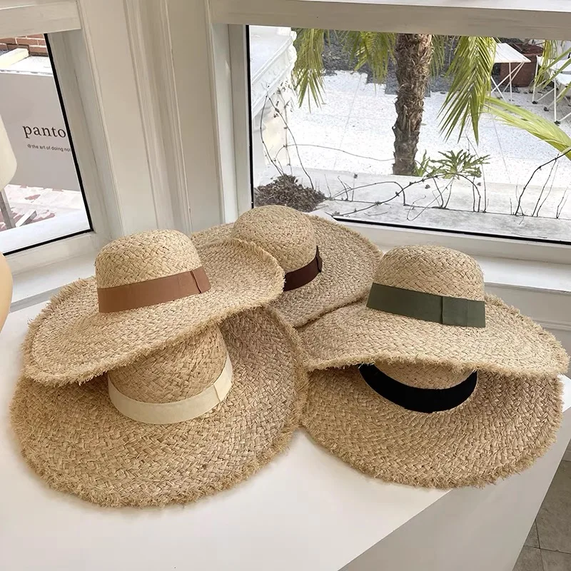 

New Summer Women Beach Raffia Black White Khaki Ribbon Hat Straw Raffia Hat Temperament Flat Cap Straw Hats Vacation Accessories