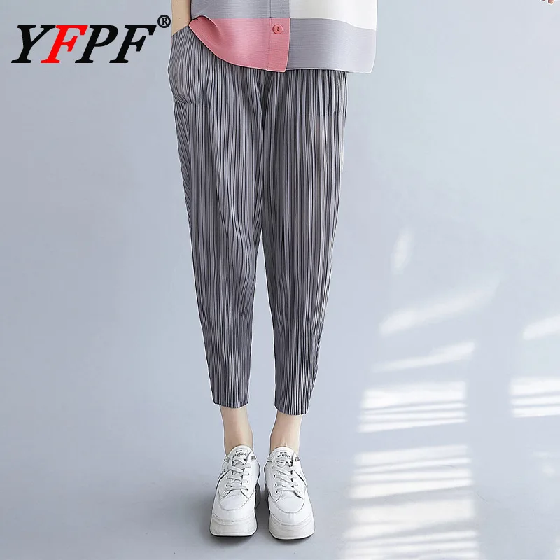 

YFPF Casual Miyake Pleated Long Pants Women Elastic Waist Solid Color Versatile Wide Leg Trousers Fashion 2026 New Clothing