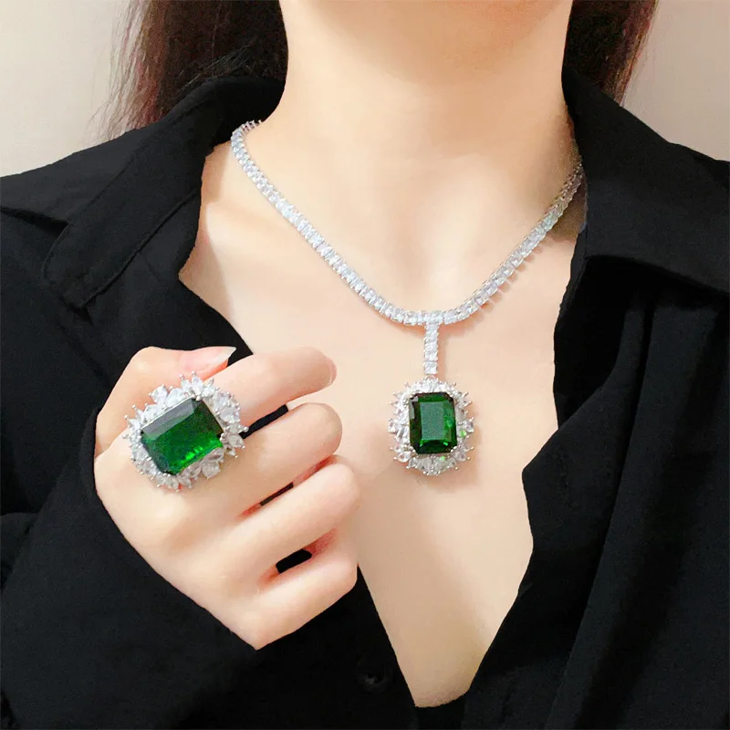 Luxury Elegant Green Cubic Zirconia Adjustable Ring/Pendant Necklace/Earrings Women\'s Wedding Jewelry Set Anniversary Gift