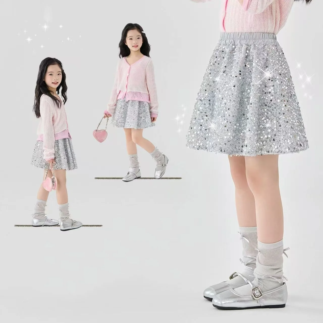 

Girls' Summer 2025 New Half length Skirt Sparkling Princess Skirt Children's Puff Skirt Little Girls Silver Short Skirt