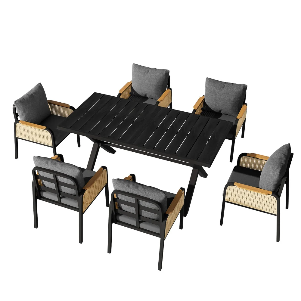 Tuinmeubelset, meerpersoons vrijetijds- en vergaderset, ijzeren frame, gevlochten armleuningen, met zitkussens, 6 stoelen + 1 tafel