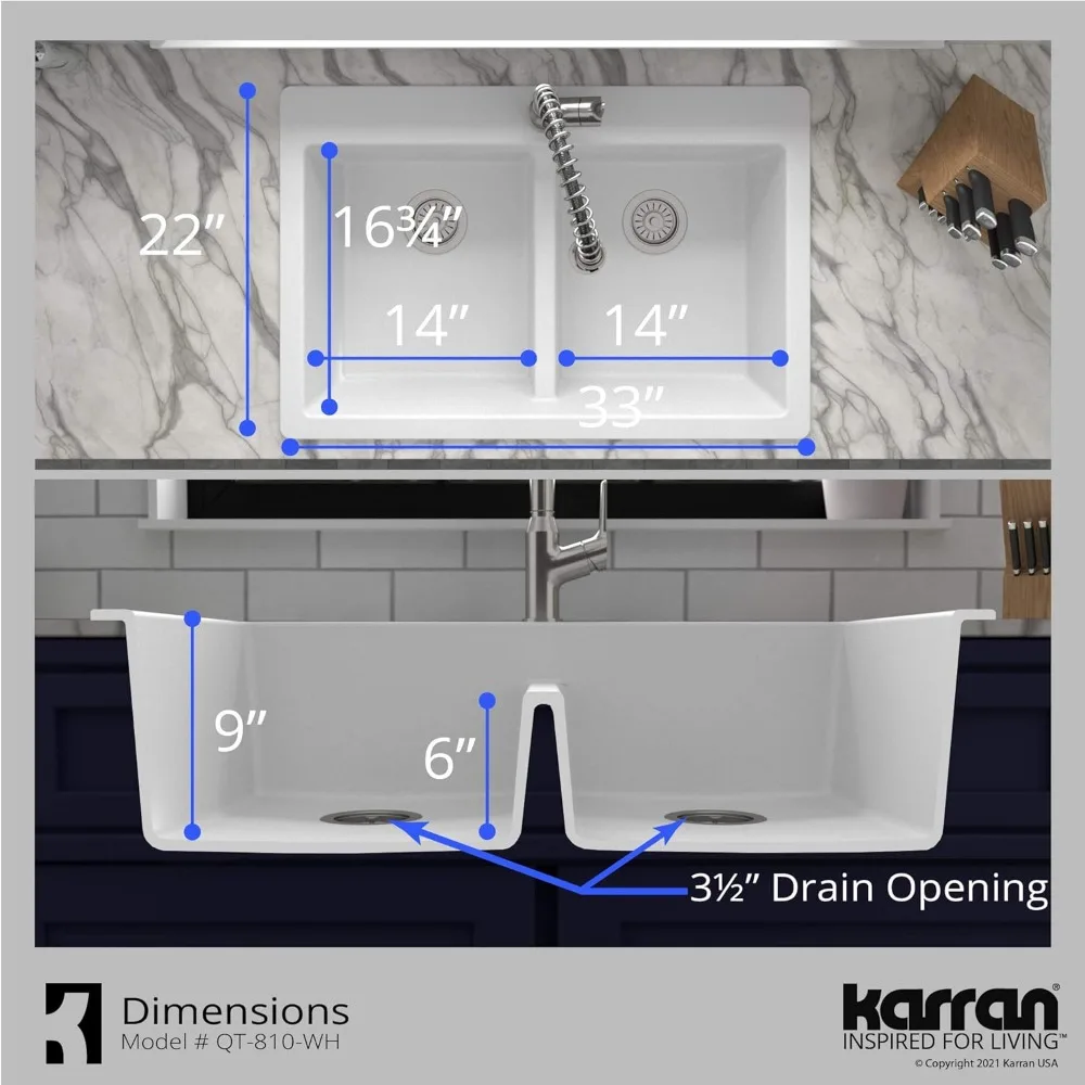 Imagem -05 - Karran Quartz Kitchen Sink Top Mount Duplo Igual Bowl Branco 33 Qt810