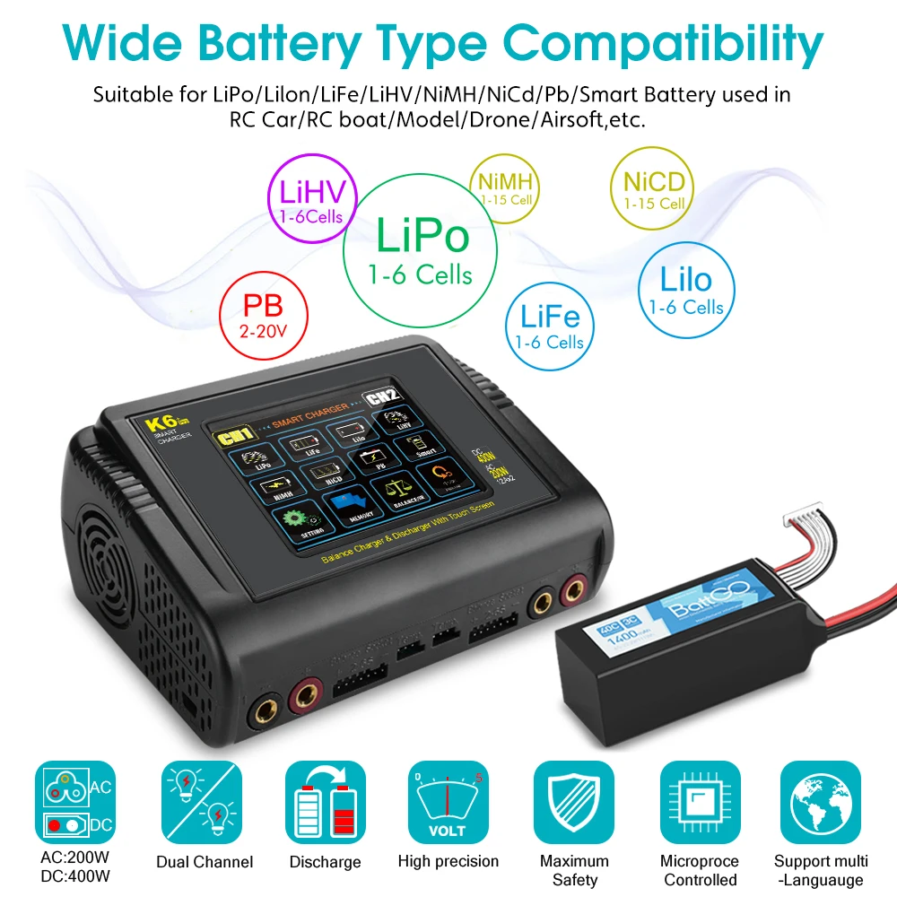 HTRC K6+Pro nabíječka LiPo baterií DC 400W AC 200W nabíječka/vybíječka pro LiHV LiFe Li-Ion NiCd NiMh Pb LiPo baterie RC nabíječka - náhled 5