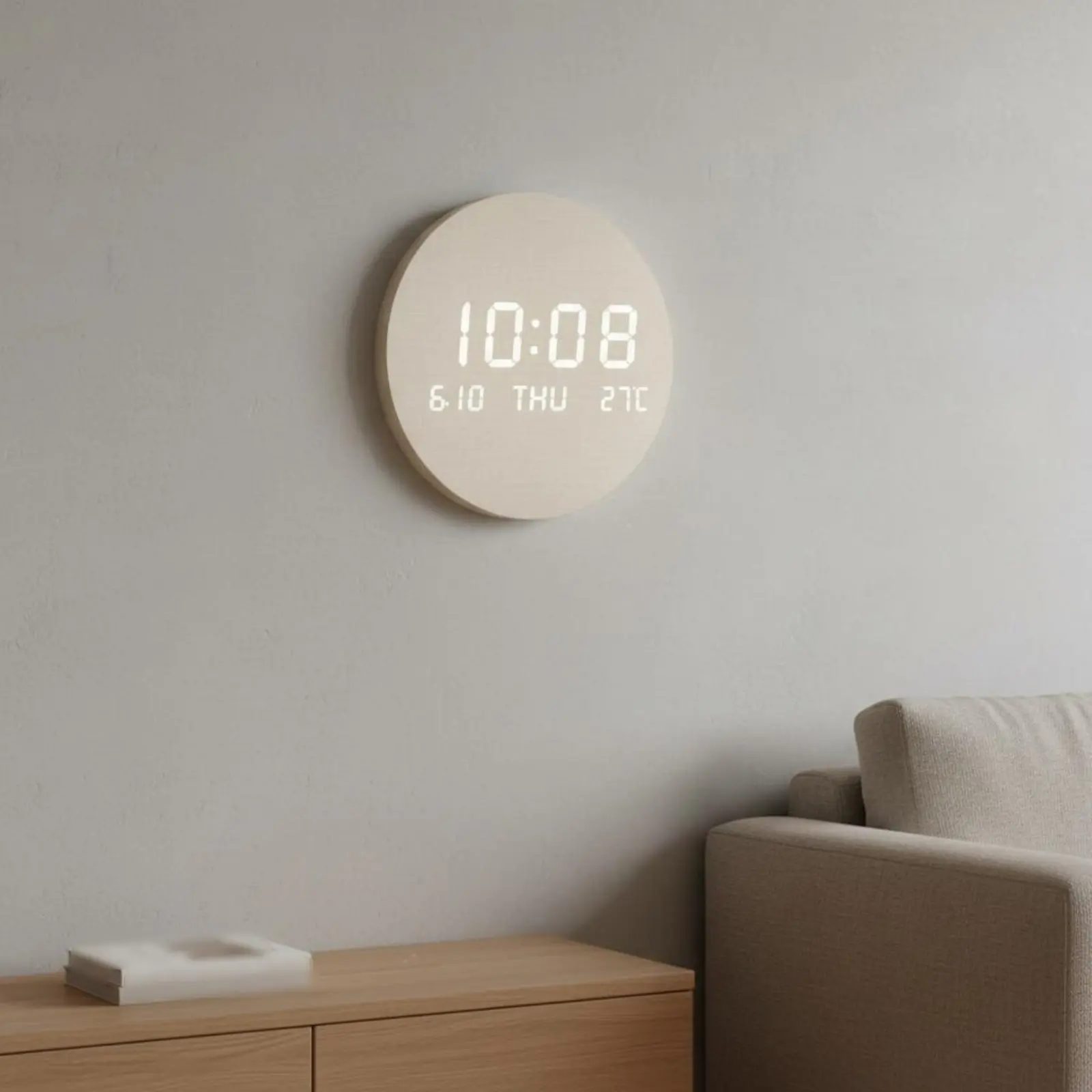 Round LED Wall Circular Timepiece Temperature Display Wooden LED Wall Circular Timepiece Home Decor 12/24 Hour Switch Room