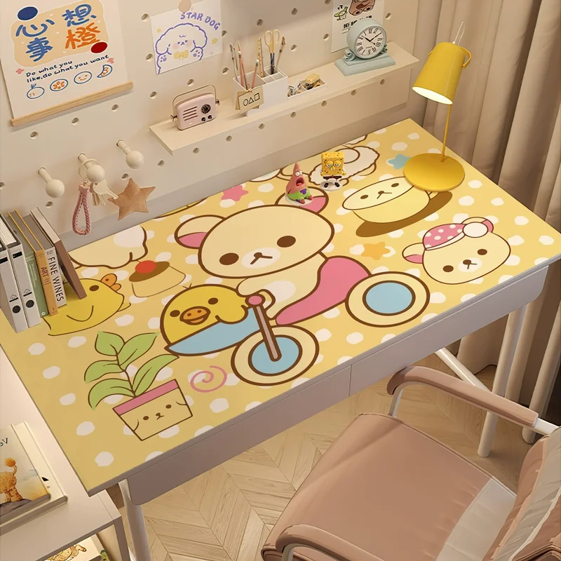 Kawaii Rilakkuma Cartoon PU Leather Desk Mat | Creative Waterproof Dining Table Pad for Student Dorm, Cute Study Desk Protector