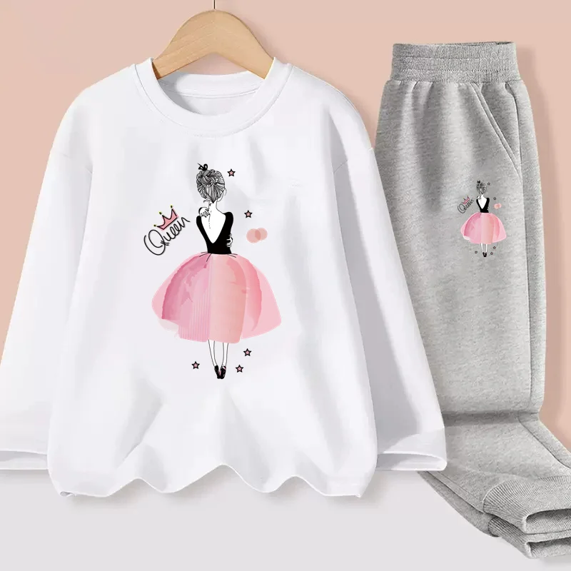 Aimi Lakana Girls Spring Autumn Clothing Ballet Cartoon T-shirt Long Sleeve Cotton Dresses Children Fashion Sets 2PCs