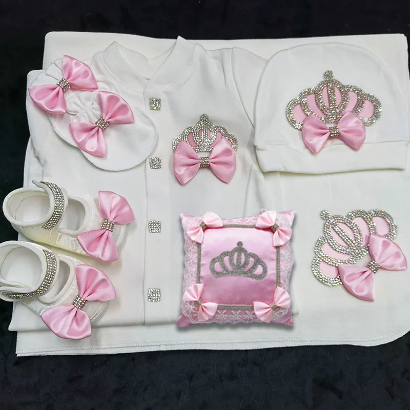 6pcs Crown Jewelry Welcome Home Romper Pillow Blanket Baby Photography Set Baby Girl Boy Toddler's Cotton Outfits Newborn Gift