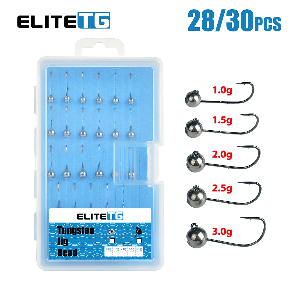 Elite TG 28/30PCS Tungsten Jig Head Hook Combo,1g-3g Boxed Soft Grub Worm Baits MANTIS AJING Round Head Bass Salmon Bream Jigs