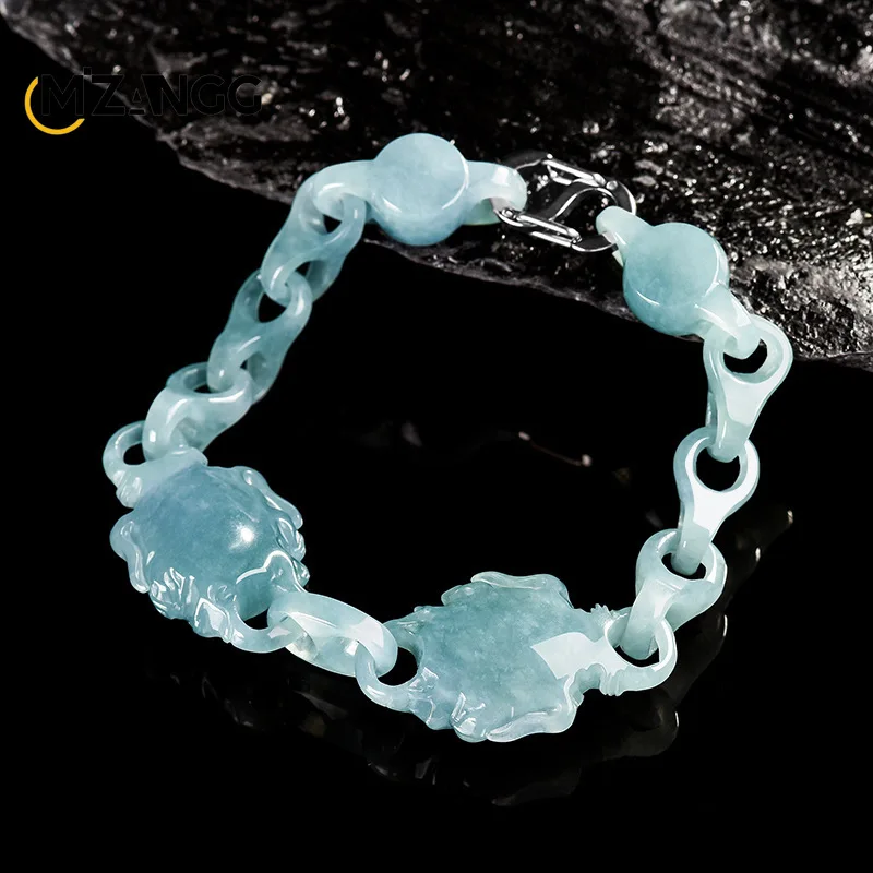 Natural Jadeite Blue Water & Twin Dragon Buckle  Bracelet Openwork Carving Fashionable Ice-type Jadeite Bracelet Gentlemen Gift