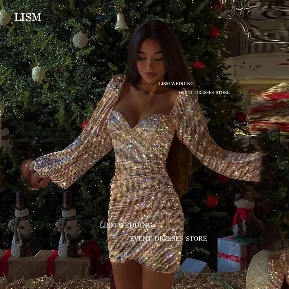 

LISM Glitter Sweetheart Full Sleeves Short Party Dresses Sexy Bling Women Women's Wedding Party Bling Mini Cocktail Dresses 2024