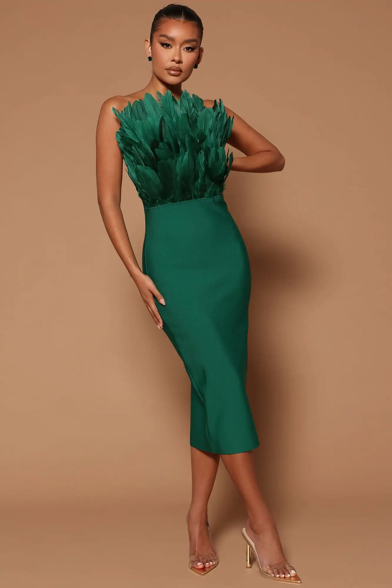 

New Arrival Green Brown Rosered Women Sexy Feathers Off the Shoulder Bodycon Mid-calf Dress Rayon Bandage Birthday Party Costume