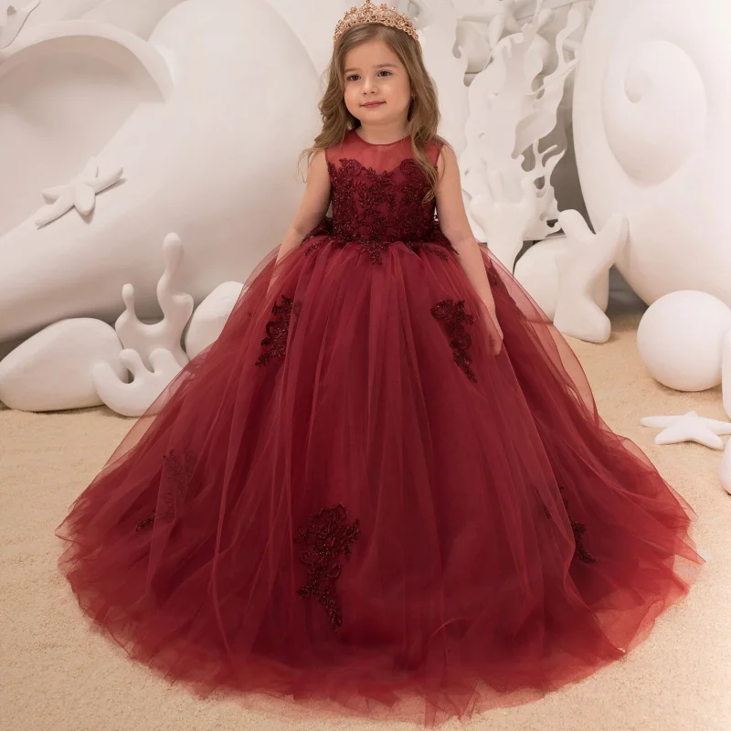 Burgundy Flower Girl Dresses Tulle Puffy Lace Appliques For Wedding Birthday Party Banquet Gowns Customized