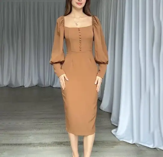 

Womens Dresses 2025 Spring Summer New Solid Color Square Neck Long Sleeve Backless Zipper Button Back Split Casual Midi Dress