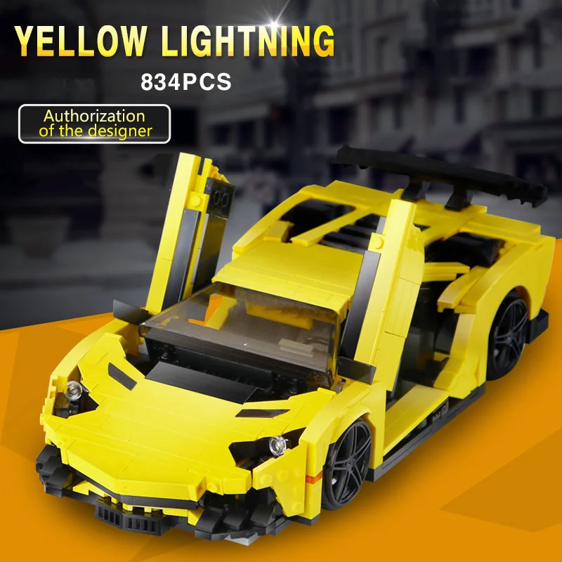 신형 하이테크 블록 레이싱카 834피스 노란색 자동차 람보르기니 조립식 블록 DIY 자가조립 차량 모델 장난감 선물