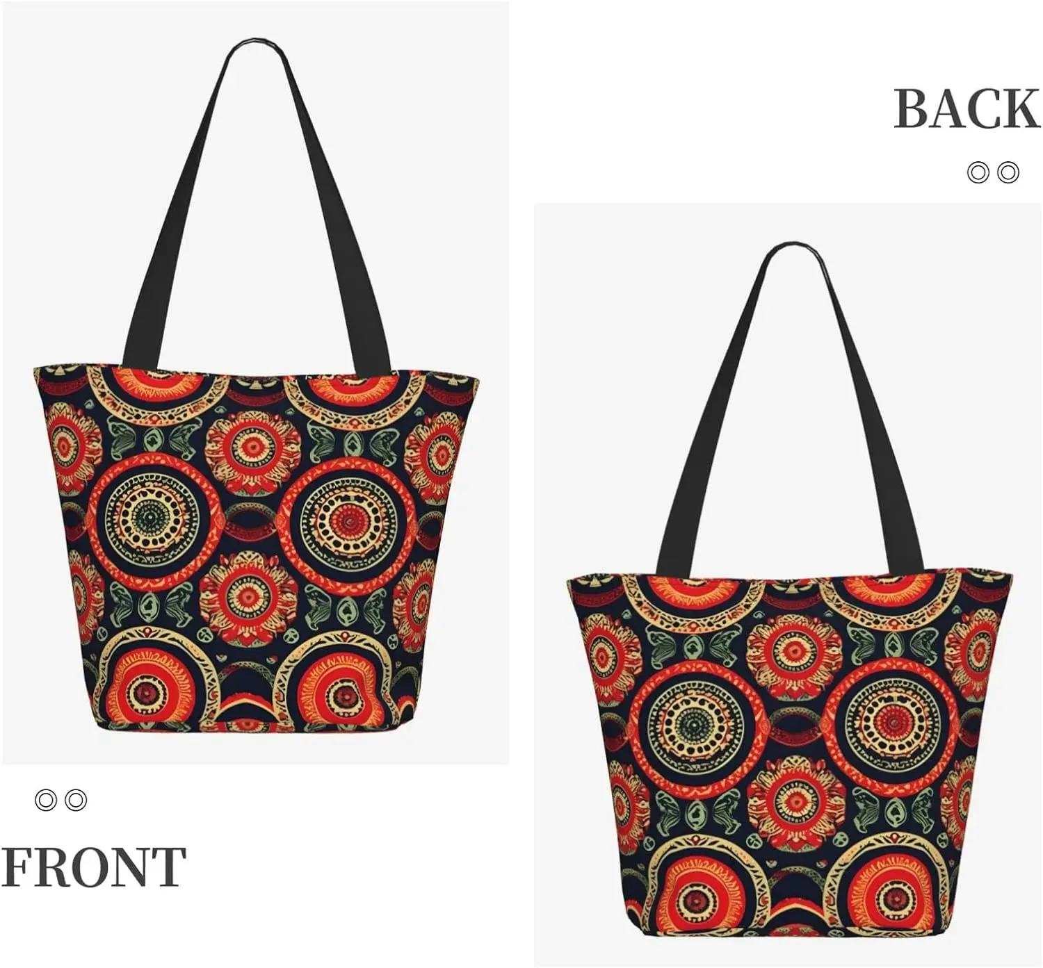 Ethnic Circles Floral Tote Bag with Zipper for Women Inside Mesh Pocket Heavy Duty Casual Anti-water Cloth Shoulder Handbag