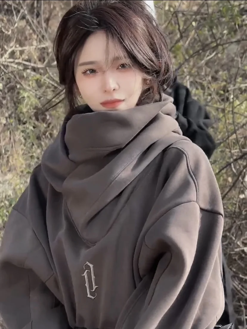 

Толстовка с высоким воротником и двойным слоем, свободного кроя, функциональная, теплая, повседневная, с длинными рукавами, из смеси полиэстера и хлопка