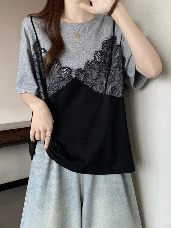 Lace Trim Short Sleeve T-Shirt Women's Loose Belly Covering Fashionable Top Summer Casual Korean Style round Neck Tee