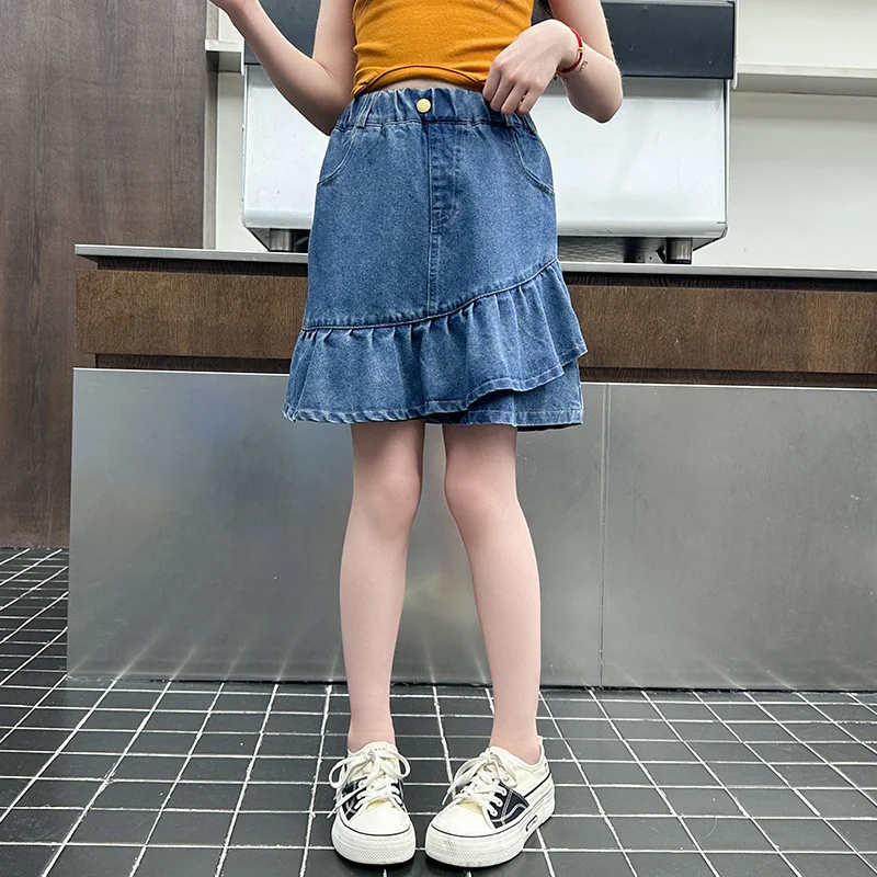 

Kids Designer Asymmetrical Denim Skirt with Ruffles For Teen Girls Fashion Streetwear Teenage Child Mini Denim Scalloped Skirt