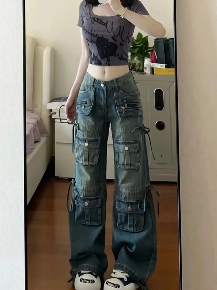 Women BF Style Y2k Streetwear Harajuku Baggy Multi-Pocket Blue Denim Cargo Pants Low Waisted Wide Leg Jeans 2000s Aesthetic Kpop