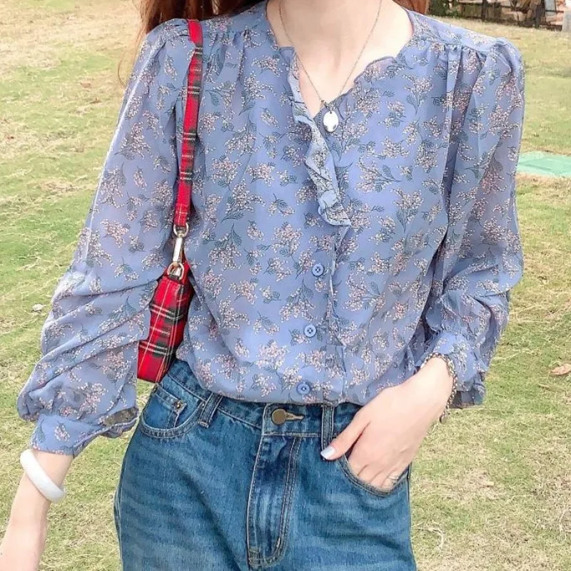 Blusas Autumn Sweet Chiffon Blouse Women Puff Sleeve Korea Women Tops and Blouses Slim Cardigan Print Floral Women Shirts 10314