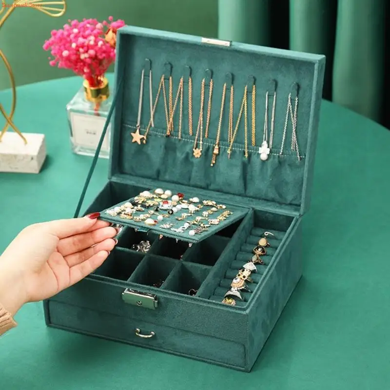 Q5WE Velvets Jewelry Box Emerald Green Color Sturdy Fabric Storage Organizers For Necklaces Bracelets Earrings