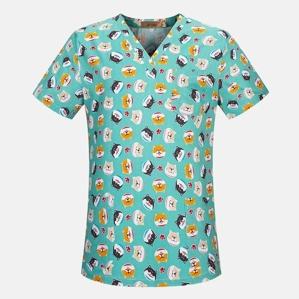 Medical Uniforms Cotton Print Nurse Scrub Tops Dental Hospital Nursing Shirts Cartoon V-neck Blouse Mens Clinical Scrubs Pants