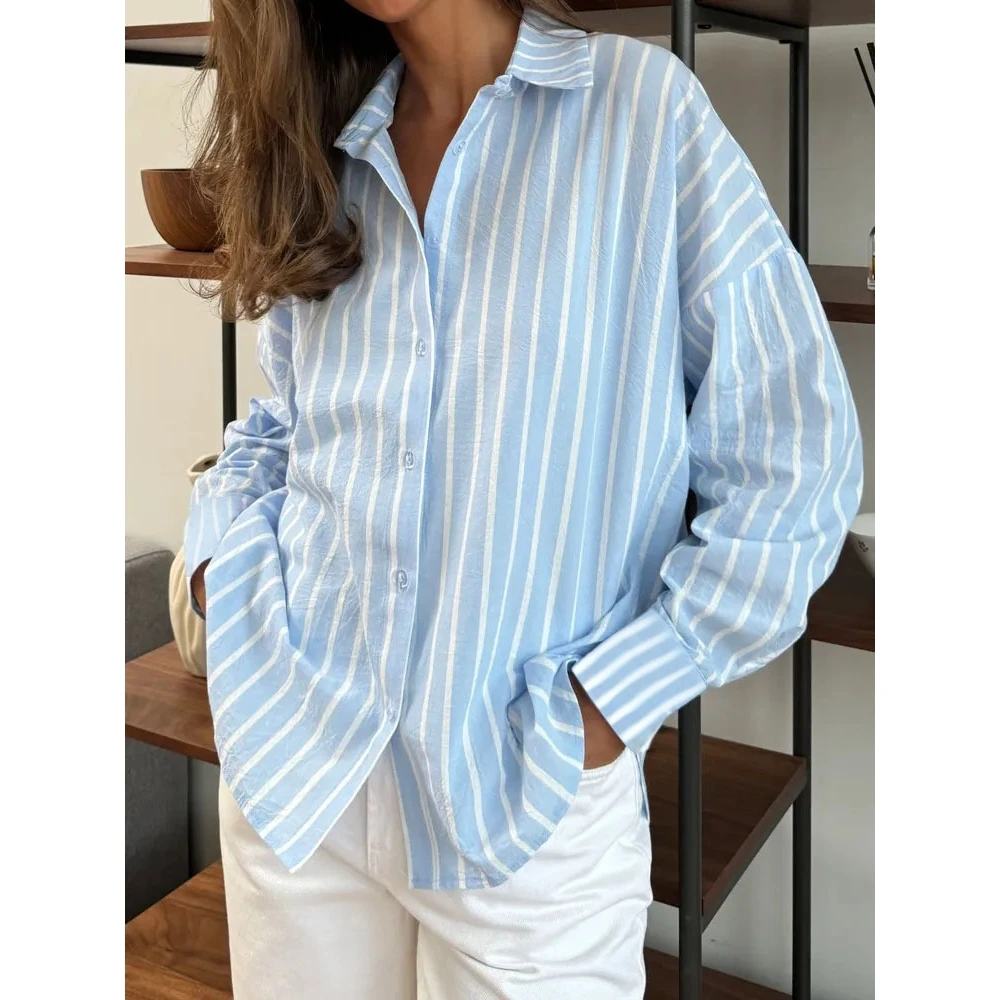 

Женская полосатая рубашка с длинным рукавом, отложным воротником, свободного кроя, из полиэстера, повседневная, модная, в полоску.