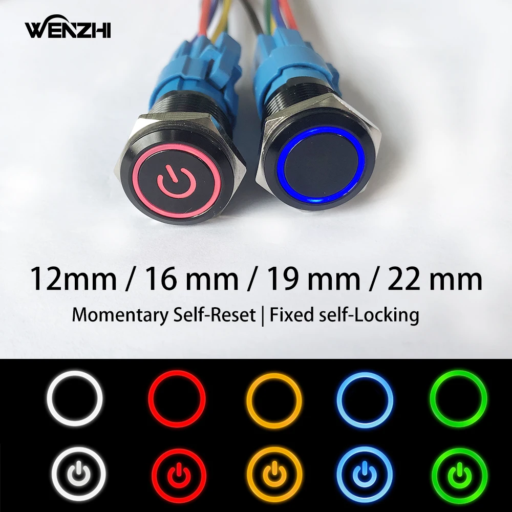 Black Metal Push Button Start Stop Power On Off Momentary Switch LED Backlit With Fixation 12 220 V Connected Electrical Outlets