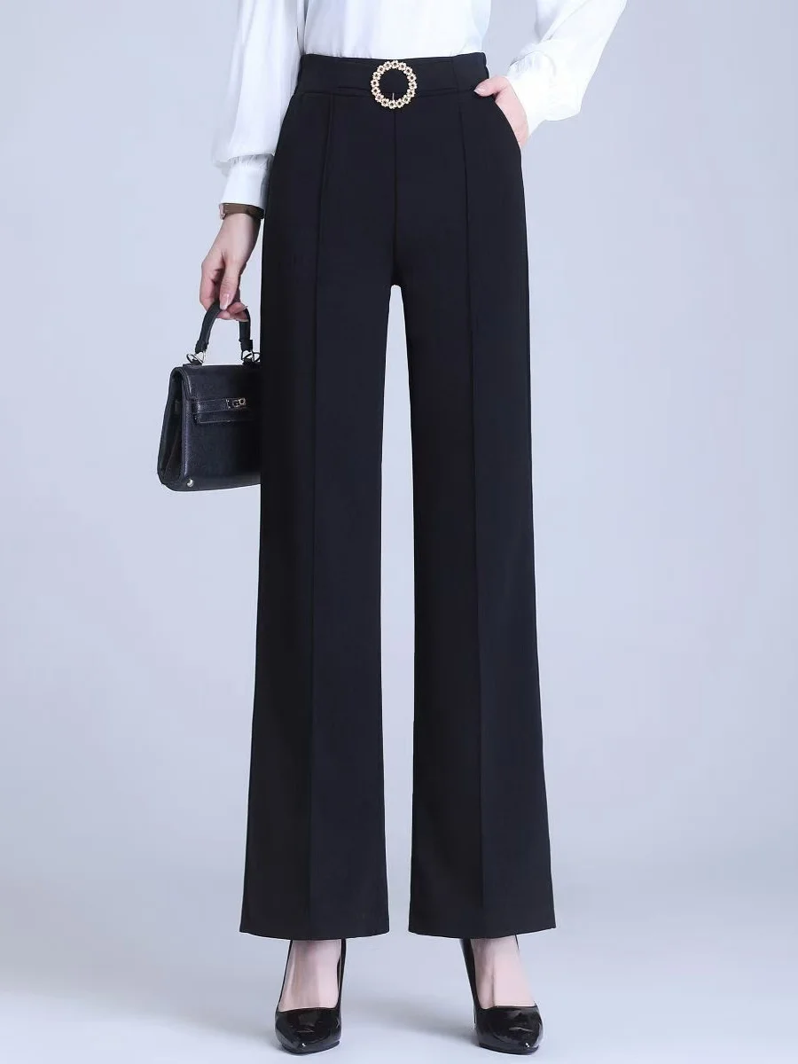 

Черные прямые брюки с широкими штанинами, повседневные, стройнящие, для женщин с фигурой типа «груша», больших размеров, весна-лето, тонкие, с высокой талией