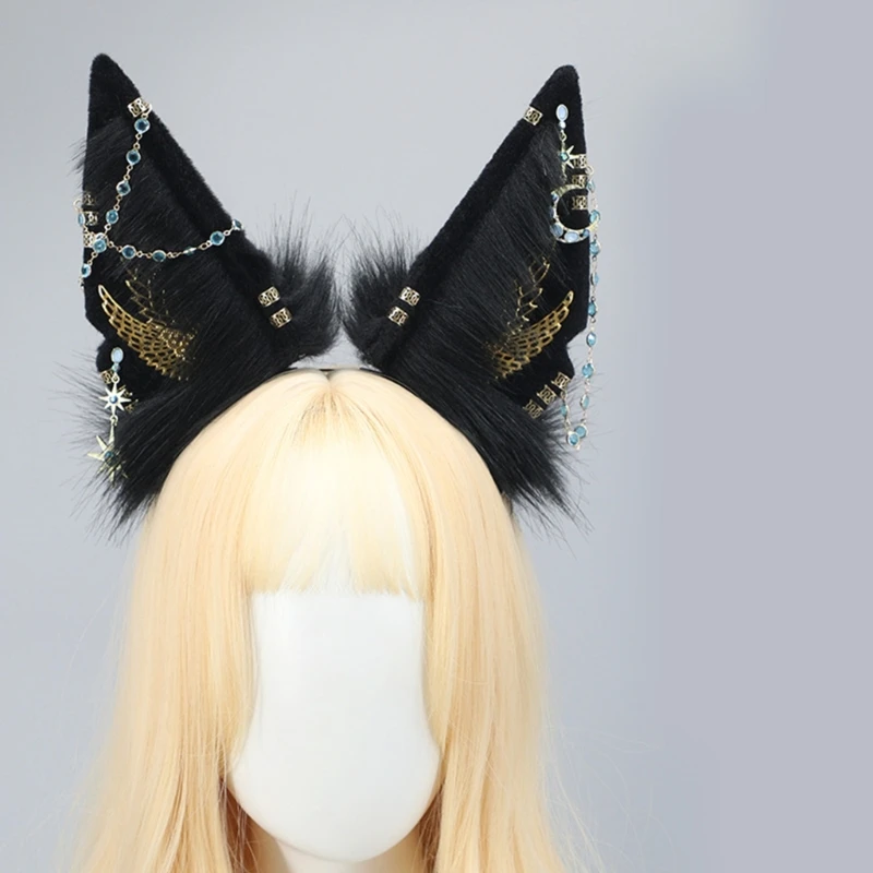 

Punk Wolf Ears Shape Headband with Dangle Jewelry Decors Hair Hoop Adult Cosplay Live Broadcast Easter Party Headpiece