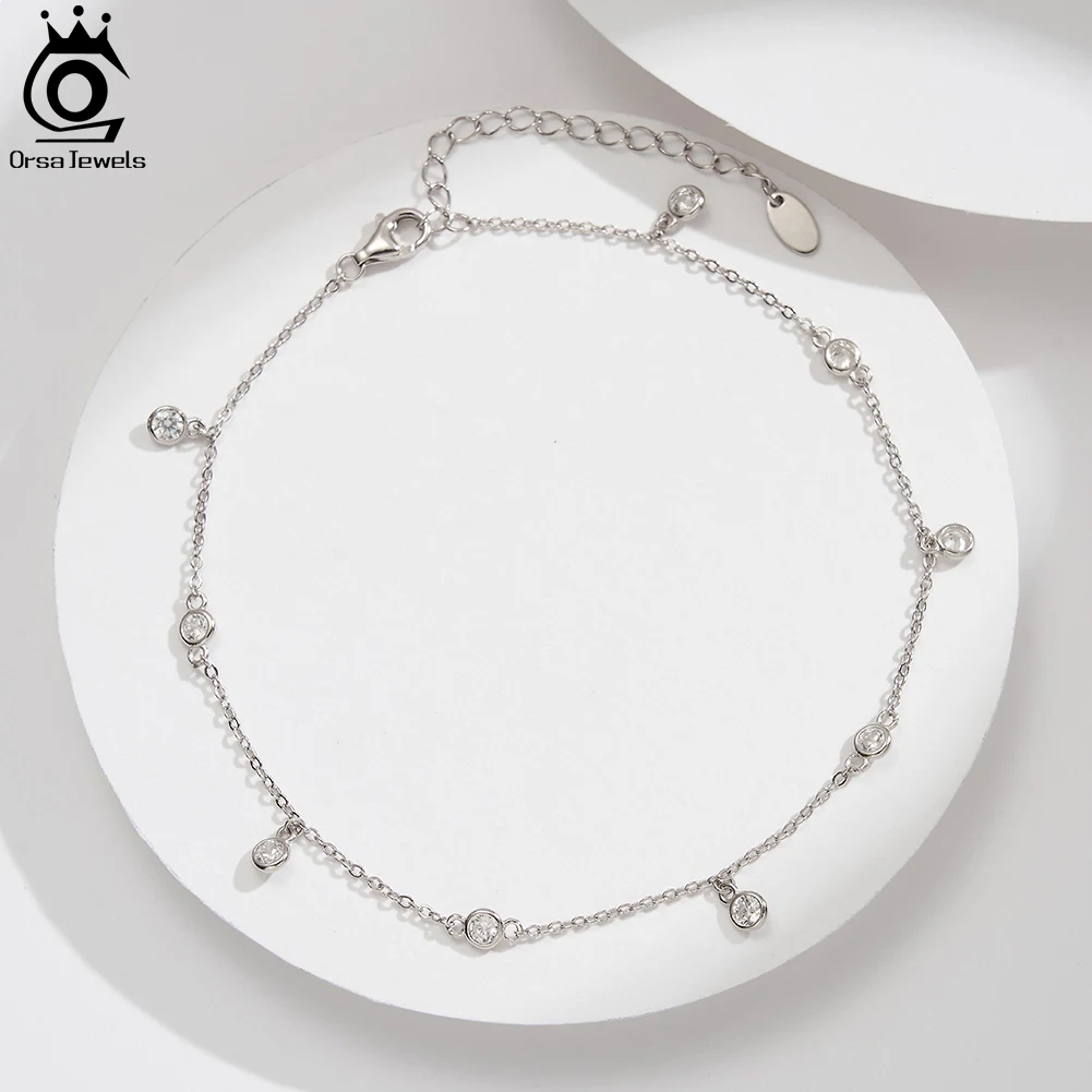 Orsa juwelen 925 sterling silber kette fußkettchen mit rundem zirkon verstellbaren sommer barfuß sandalen knöchel schmuck für frauen sa70