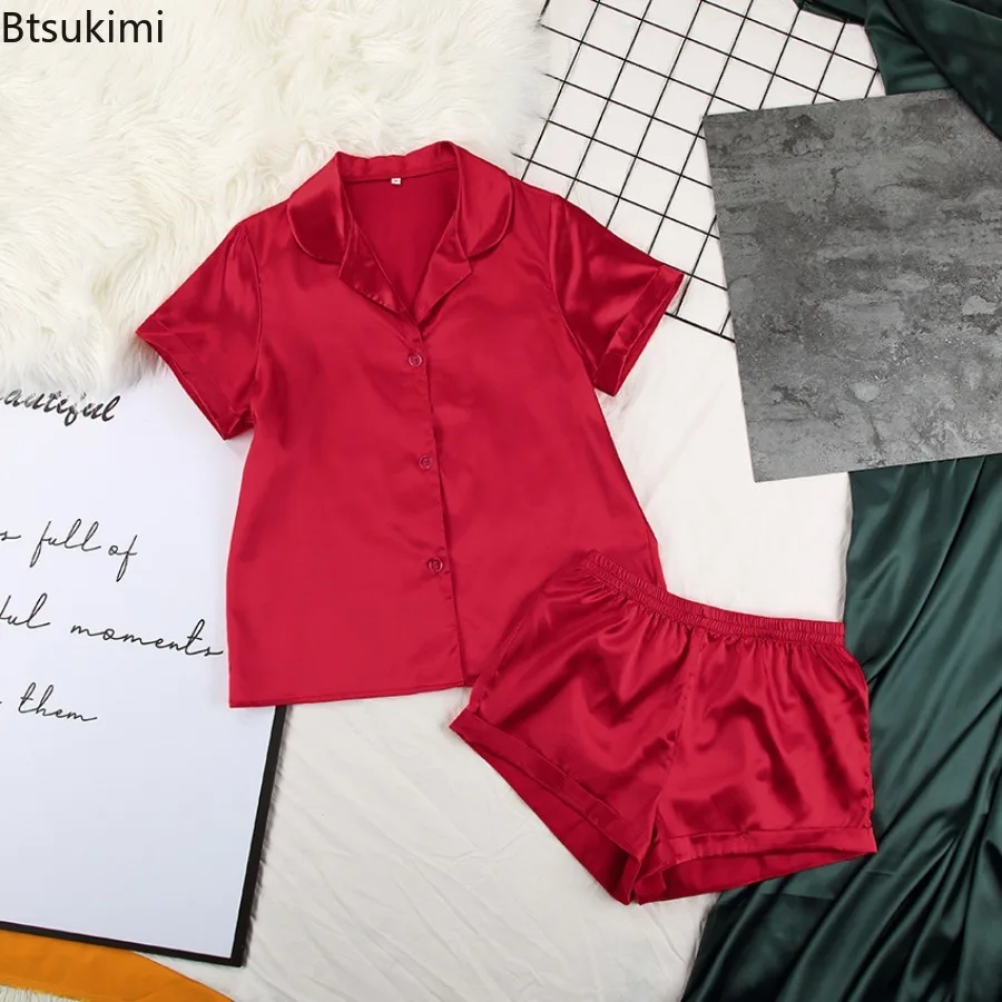 Solid Color Satin Pajamas with Shorts Sleepwear Suit Silk Pyjama for Women Short Sleeve Casual Pajama Sets Women Summer Homewear