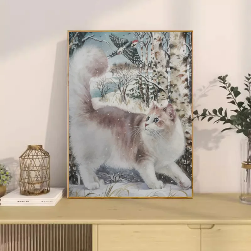 PhotoCustom ręcznie malowany obrazek według numeru śnieg kot obrazy na płótnie obraz olejny zwierzęta do salonu Wall Art prezent do dekoracji domu