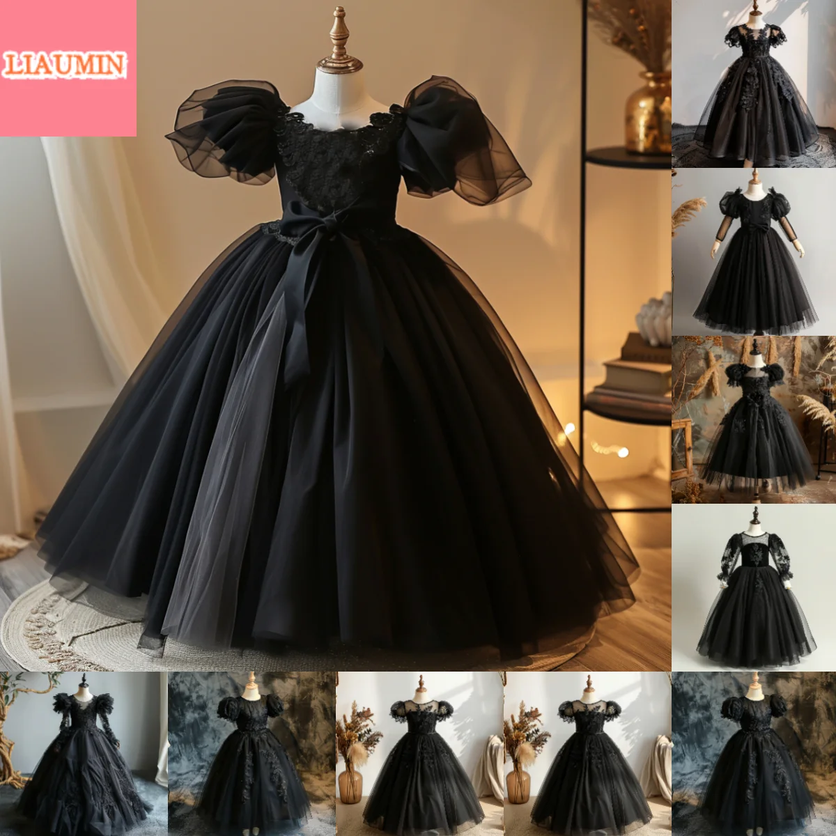 

Black Tulle Lace Applique O Neck Puffy Sleeve Full Length Flower Girl Dresses Brithday Princess First Communion Skirt New W9-21