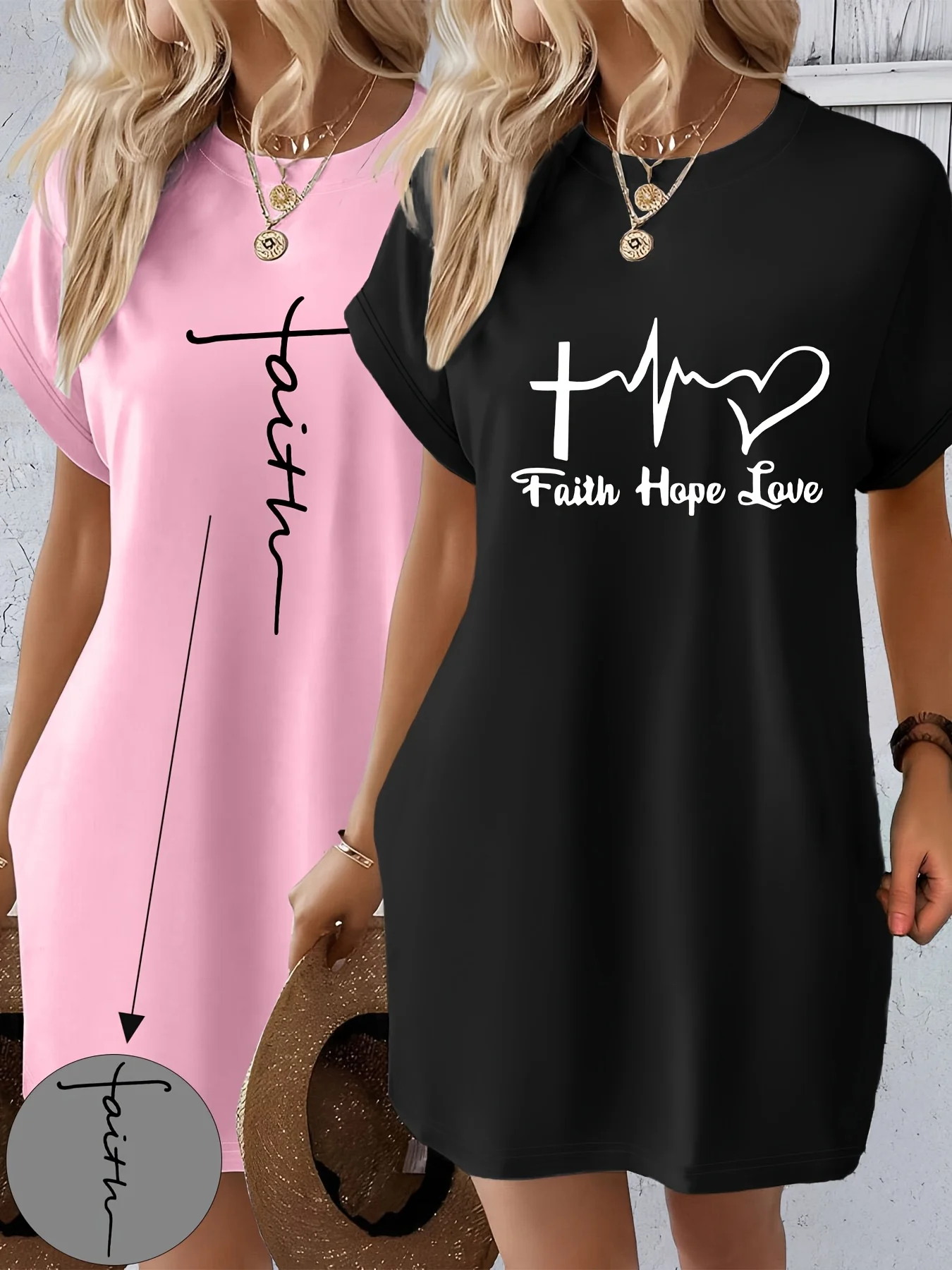 Robe t-shirt décontractée en tricot pour femmes, avec lettres de foi imprimées, col rond, manches courtes, haut à la mode, noir avec motif de drapeau coloré