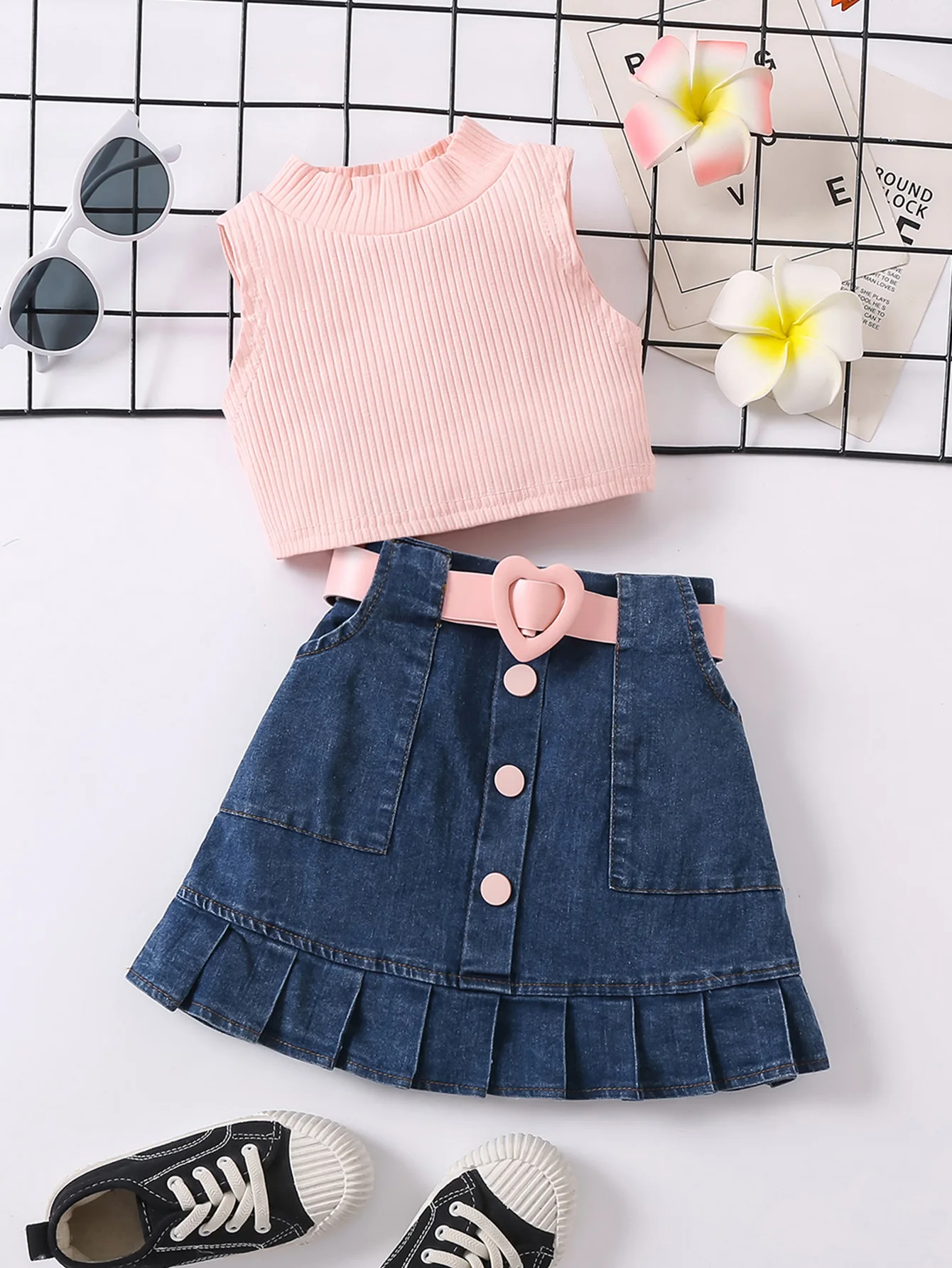 Shiny Toddler Little Girls 2-7 Years Summer Two Pieces Solid Blouse Denim Dress with Belt Clothing Set