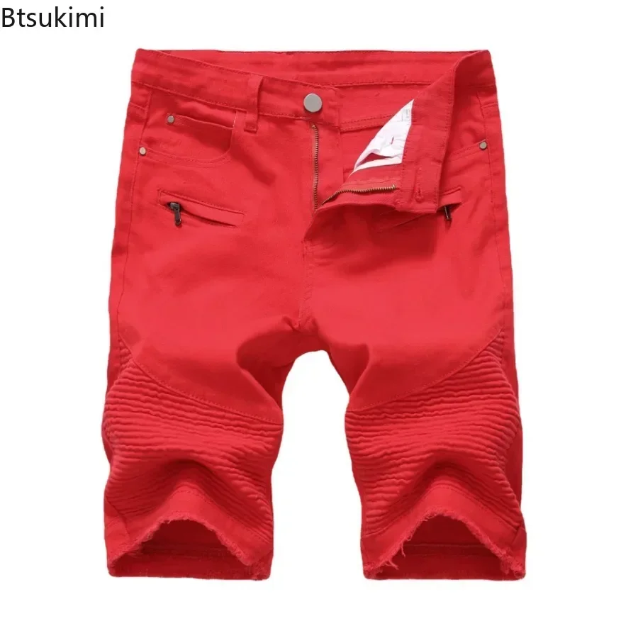 2025 Men's Ripped Short Jeans Solid Hollow Out Summer Distressed Hole Shorts Cowboys Knee Length Denim Shorts Male Size 28-42