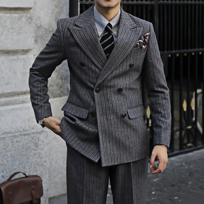 New Thick Style Stripes Herringbone Pattern Men's 2-Piece Suit Double-Breasted Slim Fit Jacket Trousers Vintage Braze Suit