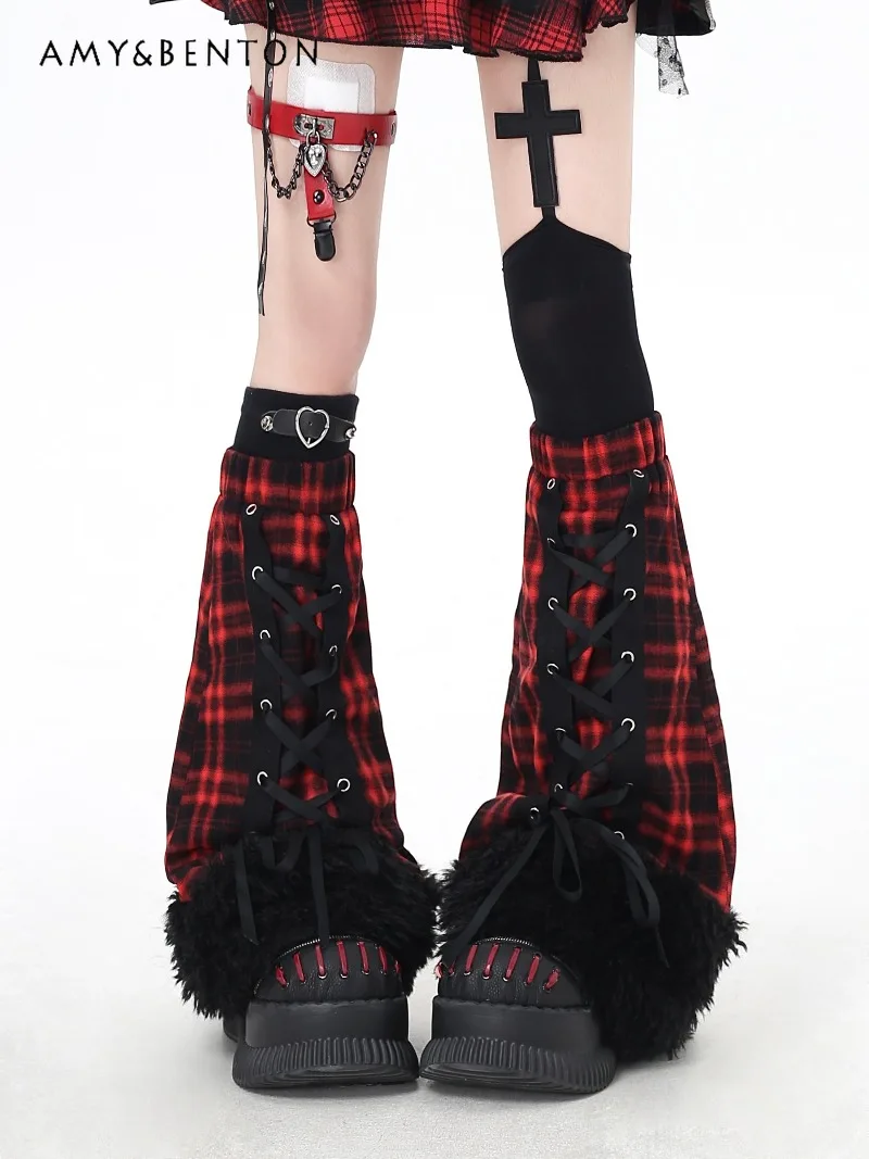 Harajuku Style Sweet Cool Plaid Patchwork Plush Leg Warmers Subculture Gothic Y2K Leg Warmers Women Japanese Versatile Socks