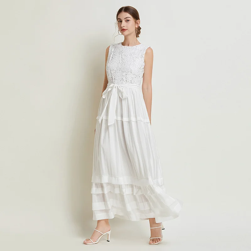 Runway Summer White Sleeveless Tank Long Dress Elegant Women O Neck Embroidery Lace Spliced Ruffles Lace Up Holiday Party Robe