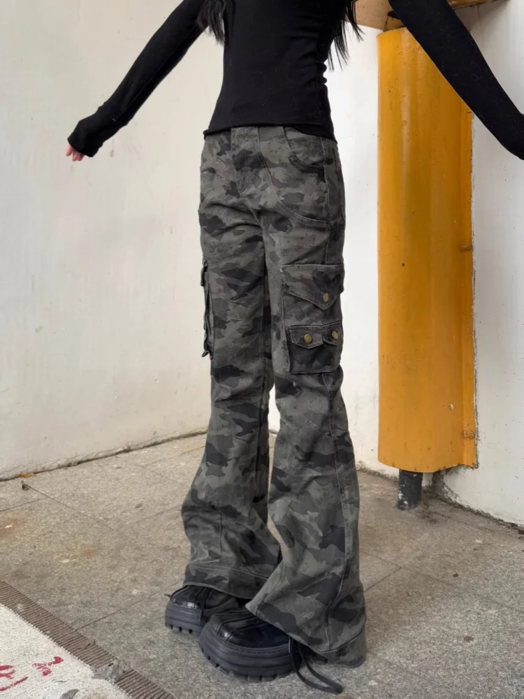 2025 Cyber Y2K Streetwear Camouflage Slim Flare Cargo Jeans Broek Voor Vrouwen Kleding Multi Zakken Dame Lange Broek Ropa Mujer