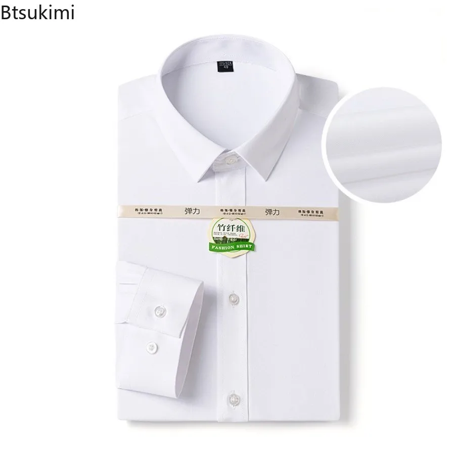 

Bamboo Fiber Men's Shirt Long Sleeve Stretch Free Care Comfort Soft Business Professional Formal White Dress Shirts for Men38-48